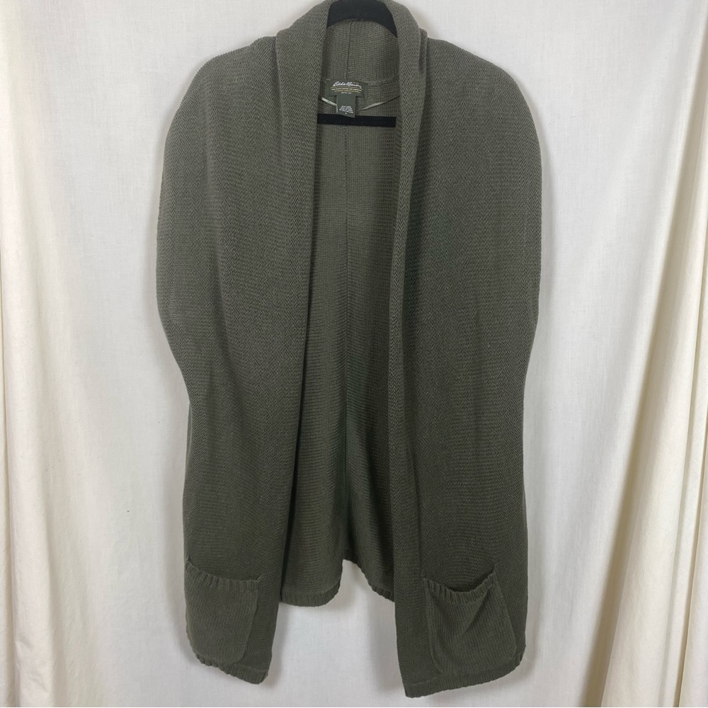 Eddie Bauer cotton linen sleeveless knit cardigan open front green